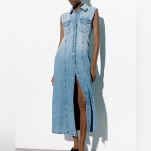 Zara Light Blue Sleeveless Denim Maxi Dress